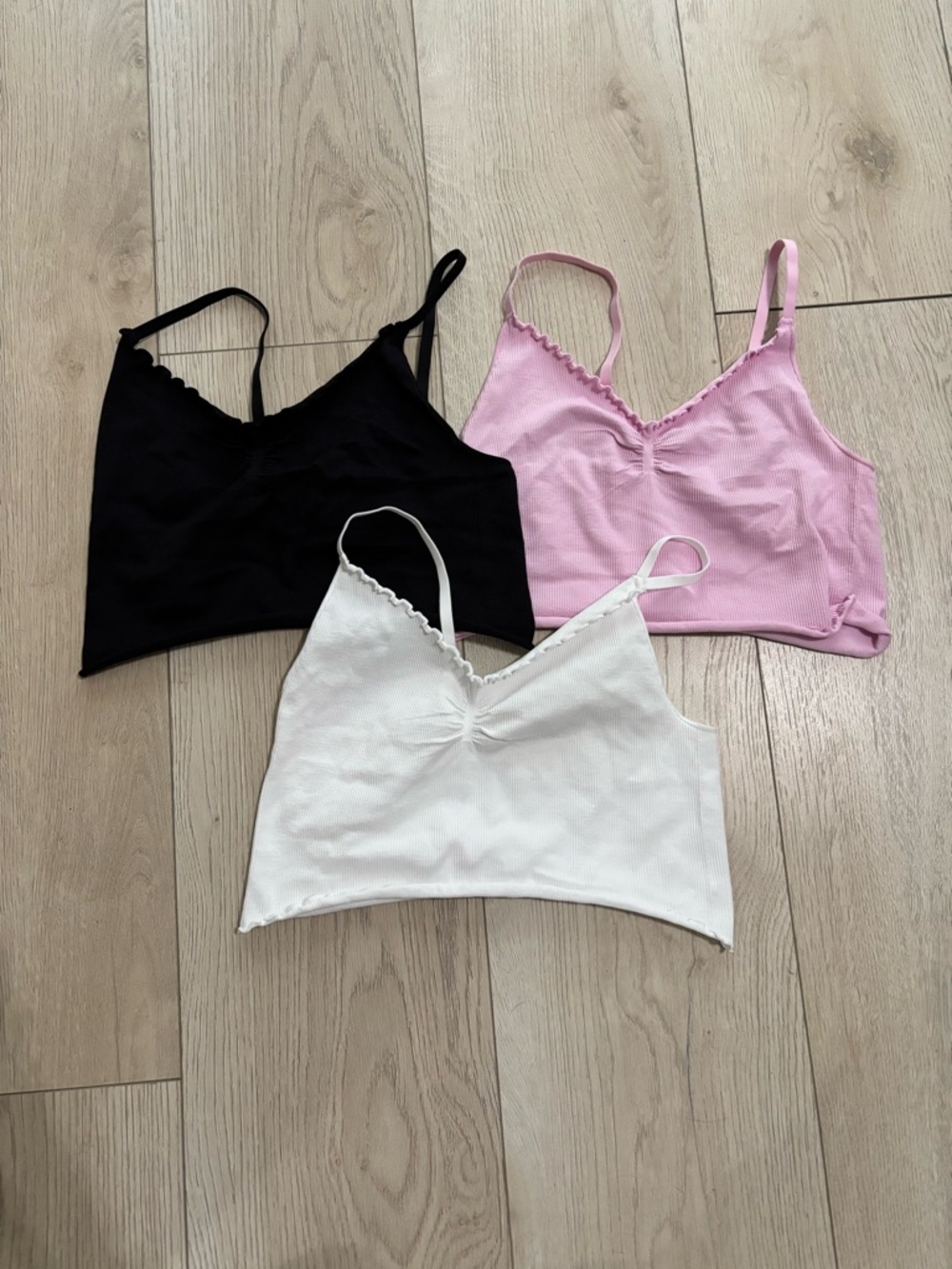 3-Pack Ribbed Lace-Trim Crop Cami - Black, Pink, White
